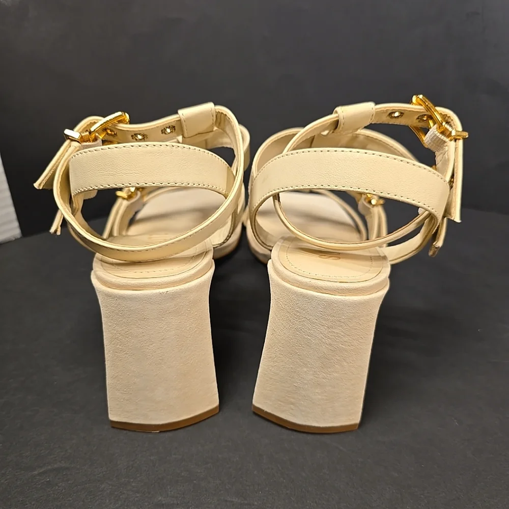 SCHUTZ Yala‎ Block Sandal Womens Size 10 Eggshell Color With Gold Buckles New